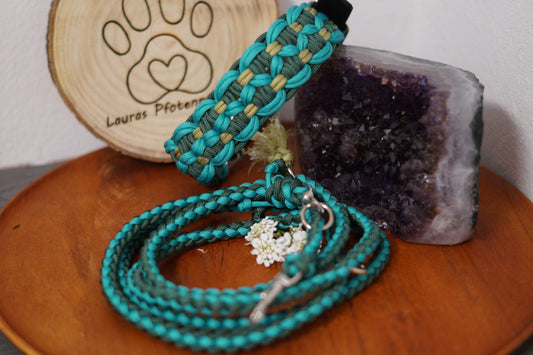 SET Forest Teal Hundehalsband Gr 32 - 37,5 und Leine dünn